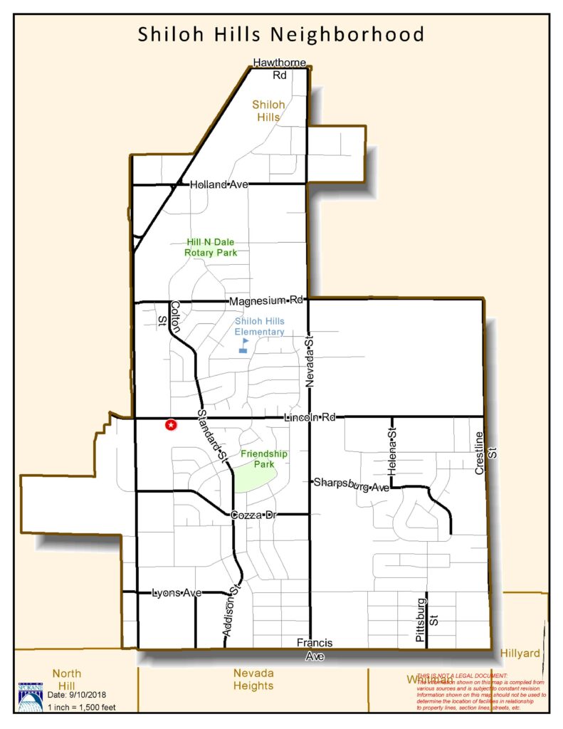 Map of shiloh hills neighborhood with parks highlighted.