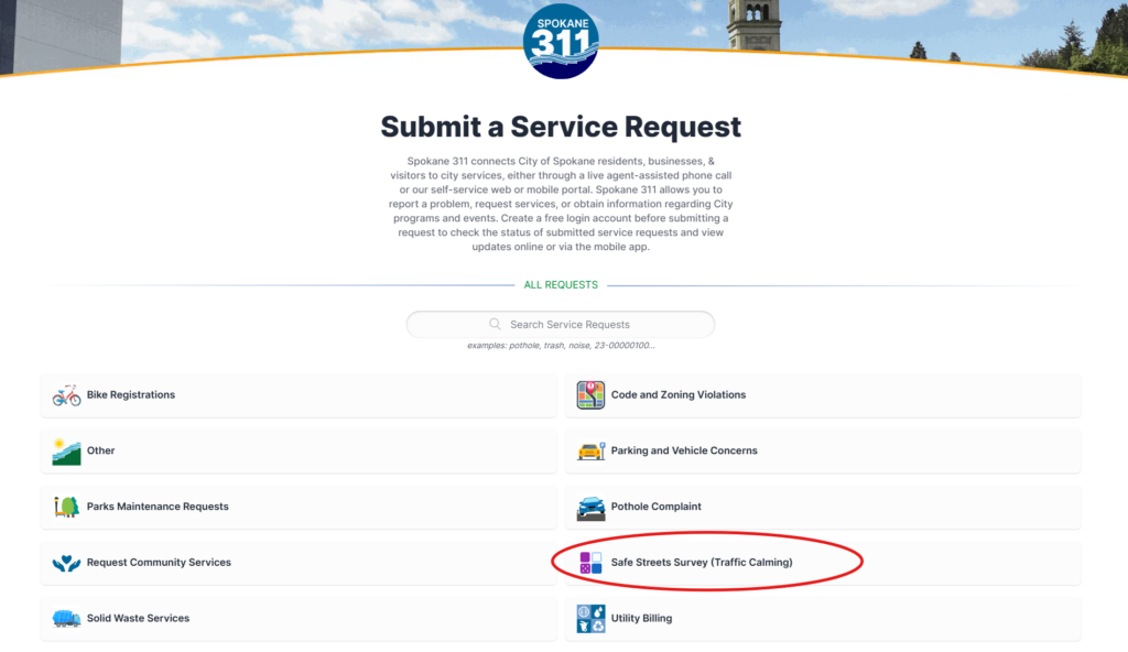 Screenshot of Spokane 311 website with a red circle around the request button for "Safe streets survey"